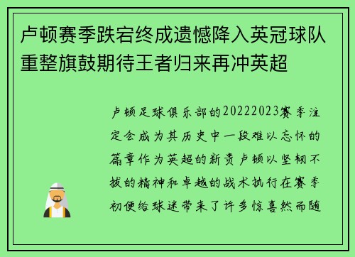 卢顿赛季跌宕终成遗憾降入英冠球队重整旗鼓期待王者归来再冲英超 卢顿赛季跌宕终成遗憾降入英冠球队重整旗鼓期待王者归来再冲英超